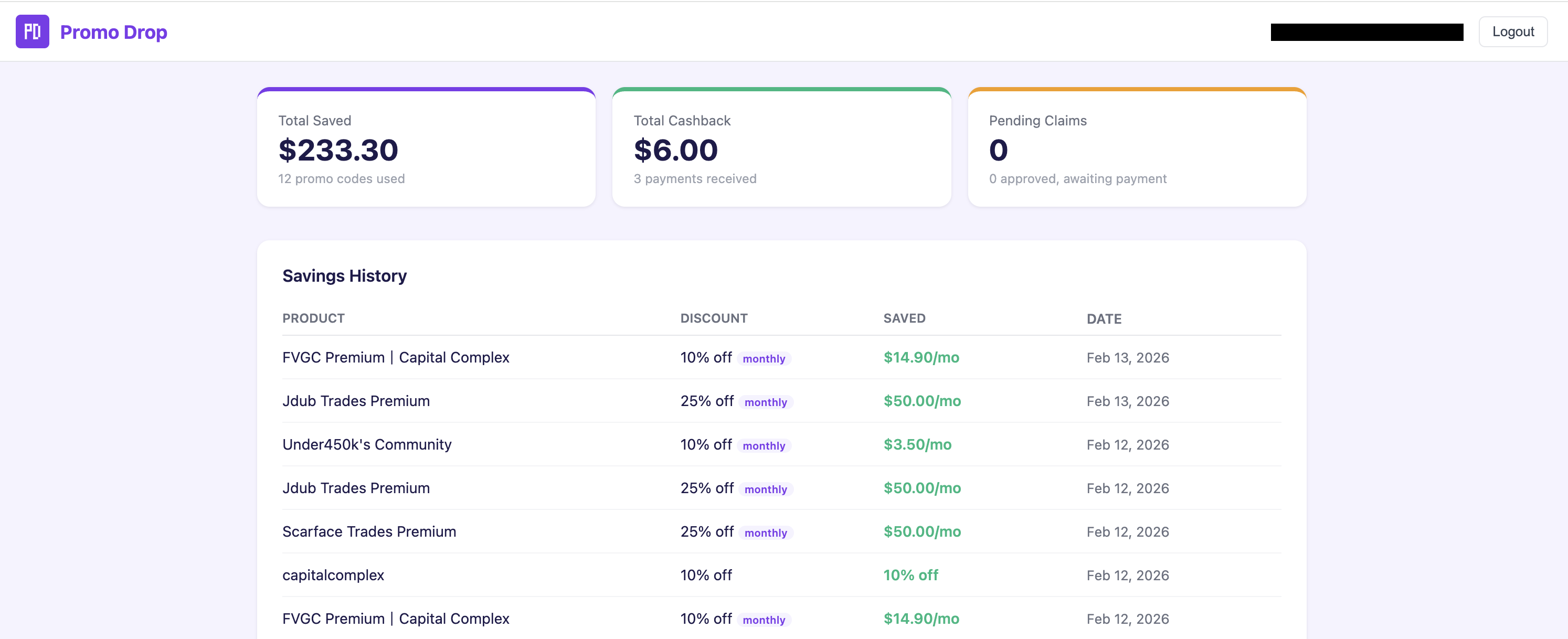 Promo Drop dashboard showing $233.30 total saved, $6.00 cashback, and savings history