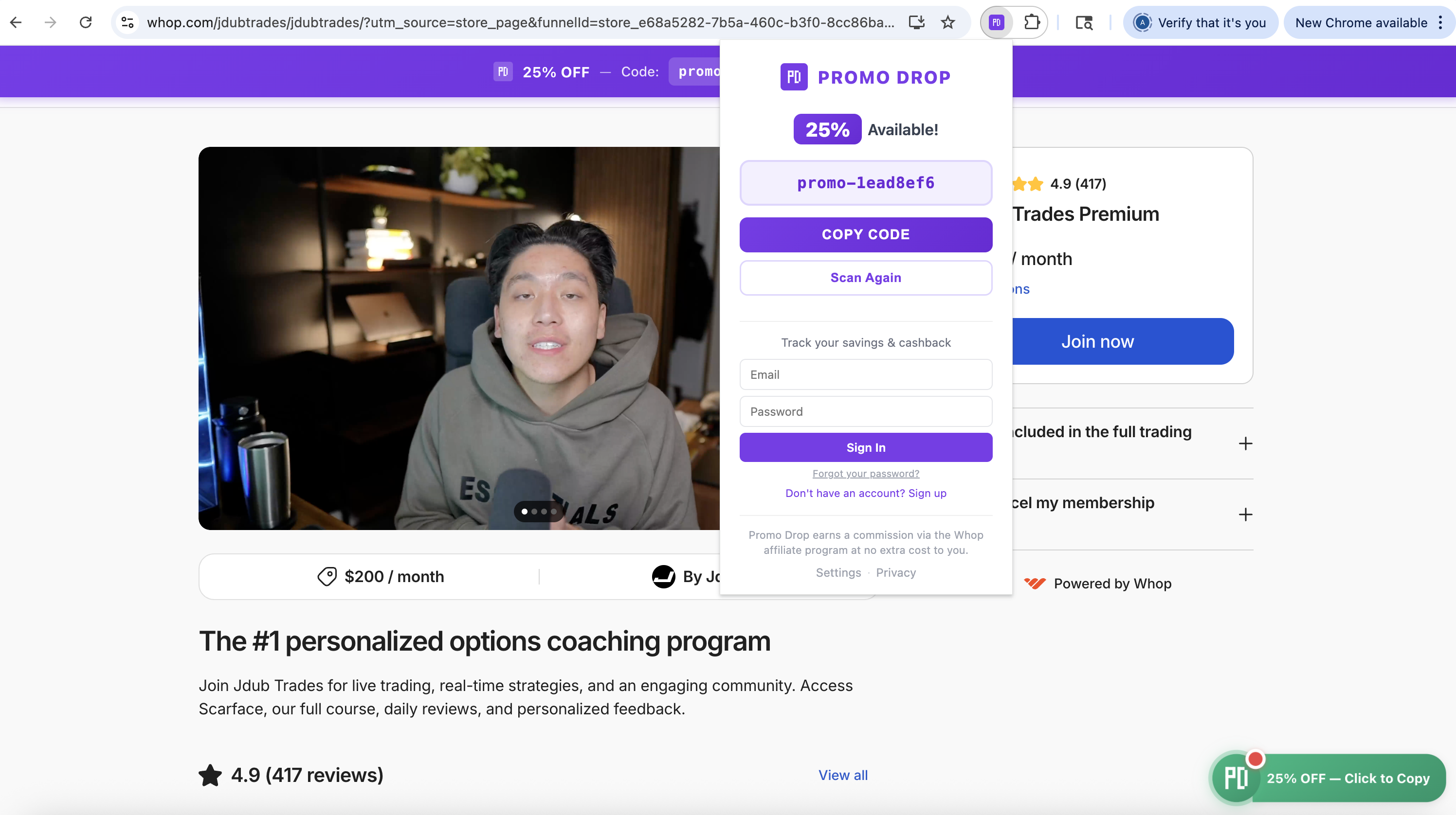 Promo Drop popup open on a Whop product page showing 25% promo code and account section
