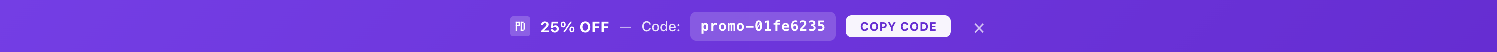 Promo Drop banner bar showing 25% OFF with promo code and copy button