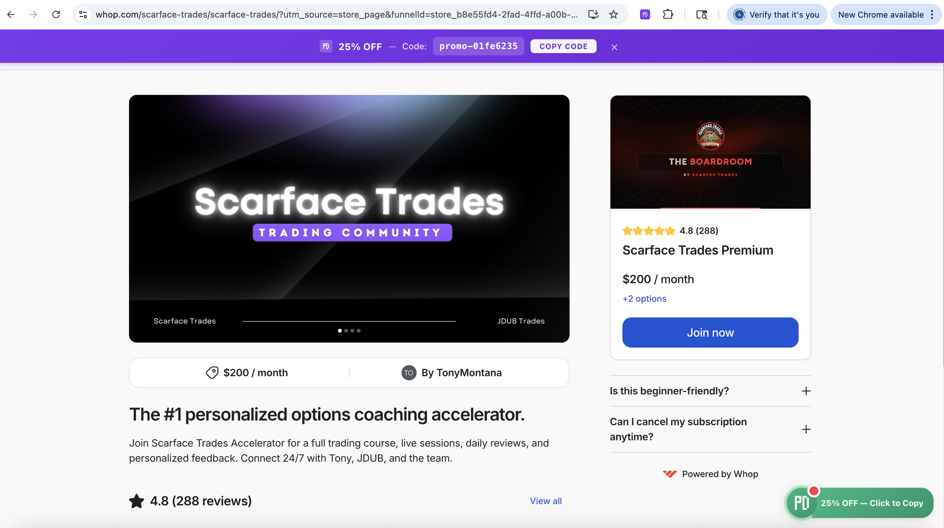 Promo Drop detecting a 25% OFF promo code on a Whop product page